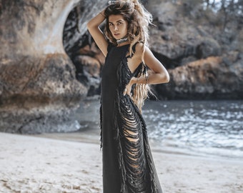 Black Boho Fringe Cotton Dress  Bohemian Ladder Side Maxi - Etsy