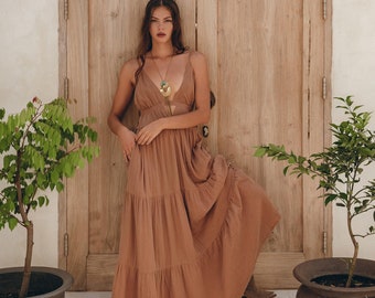 Beige Greek Goddess Dress • Latte Colour Flair Prom Dress • Adjustable Soft Dress • Boho Bridesmaid Dress • Bohemian V Neck Minimalist Dress