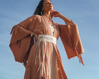 Pink Tribal Boho Kimono Robe with Bell Sleeves Linen Tassels Handmade Plus Size Cape