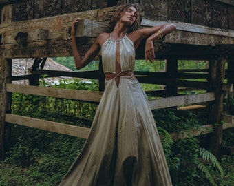 Boho Dresses for Women • Goddess Dress • Green Ombre Bohemian Bridesmaid Dress • Open Waistline Dress • Green Maxi Adjustable Summer Dress