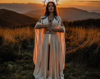 Off White Greek Goddess Dress • Boho Bridal Open Bell Sleeves Dress • Open Belly with Copper Ring Dress • Organic Bohemian Priestess Dress
