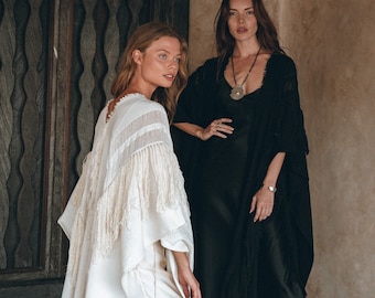 Poncho largo negro bohemio • Bata de maternidad • Vestido de ceremonia • Cárdigan chal orgánico