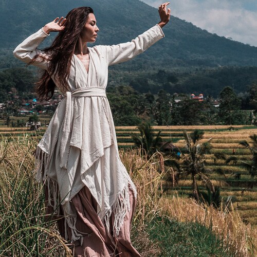 Off White Hand Embroidered Kimono Boho 