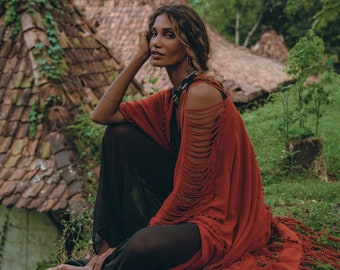Red Tribal Kimono , Handwoven Organic Cotton Shredded Boho Cover-Up