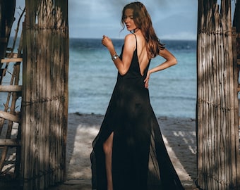 Black Sexy Dress • Summer Resort Dress • High Slit Evening Dress • Goddess Dress • Boho Wedding Guest Dress  •Sleeveless Low Back Long Dress