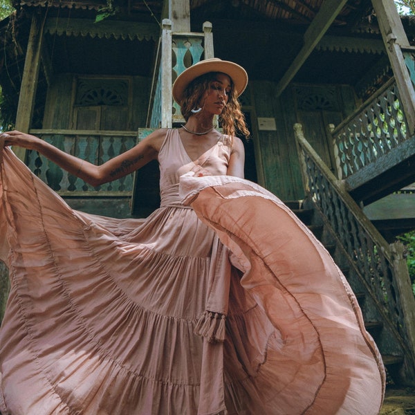 Boho Bridesmaid Dress • Bohemian Light Pink Dress • Boho Greek Goddess Dress • Open Back Bohemian Style • Casual Reinassance Cotton Dress