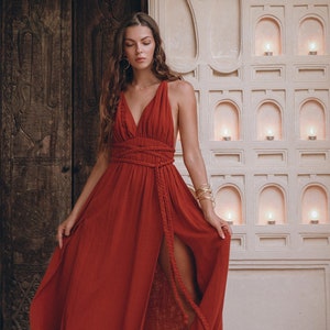 Red Greek Goddess Dress Bohemian Toga Grecian Dress Bohemian Open Back Dress Boho Bridesmaid Dress Adjustable Braided Robe Dress image 1