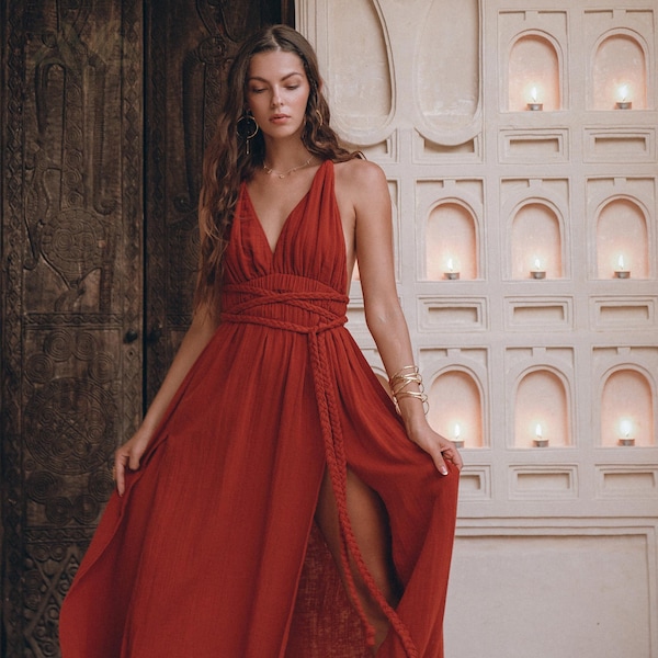 Greek Goddess Dress Red Rust Organic Cotton Roman Festival Bridesmaid Sexy Backless Maxi Gown