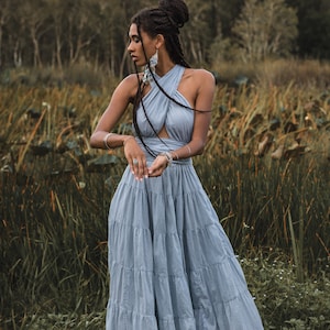 Boho Multiway Goddess Dress • Light Blue Bohemian Adjustable Dress • Bohemian Sleeveless Maxi Dress • Evening Open Back Belly Dress