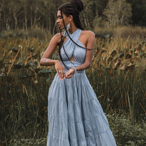 Boho Multiway Goddess Dress • Light Blue Bohemian Adjustable Dress • Bohemian Sleeveless Maxi Dress • Evening Open Back Belly Dress