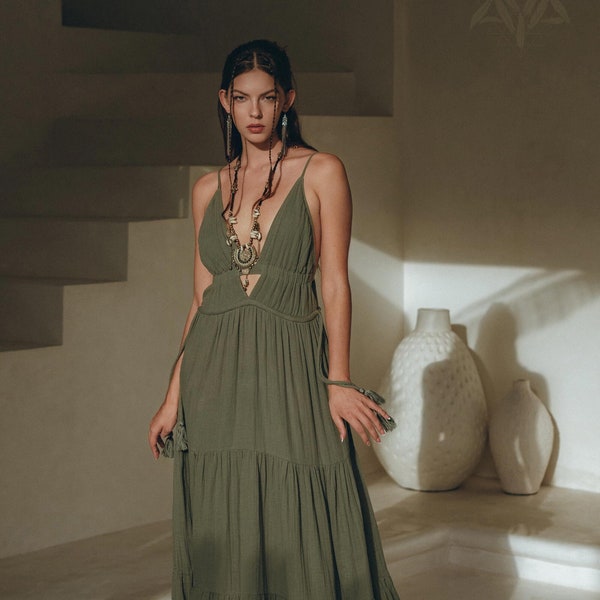 Sage Green Greek Goddess Dress  • Minimalist Bridesmaid Dress • Bohemian Gypsy Maxi Dress • Beach Sleveless Dress • Evening Multiway Dress
