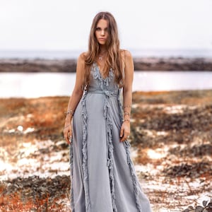 Blue Goddess Bridesmaid Dress • Greek Maxi Wedding Guest Dress • Organic Adjustable Natural Strapped Dress • Minimalist Bohemian with Tassel