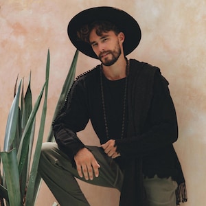 Black Handloomed Tassel Pullover Jumper • Organic Minimalist Collarless Slipover Men Long Sleeve • Natural Tribal Hipster Pullover Shirt •