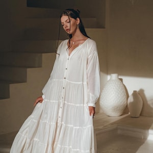 Off-White Bohemian Bridal Dress • Casual Long Sleeve Dress • Light Cotton Blouson Dress • Bohemian Bridal Dress • Plus Size Maxi Dress