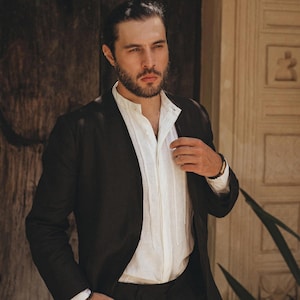 Black Mens Linen Jacket • Groomsmen Suit Jacket • Men Formal Wedding Clothing • Handmade Linen Blazer Men • Boho Mens Minimalist Clothing