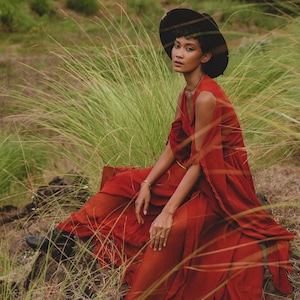 Red Makosh Goddess Dress • Boho Kimono Dress • Cotton Wedding Guest Dress • Organic Bohemian Dress Wide Sleeves • Goddess Wrap Dress