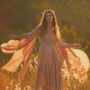 Dusty Rose Makosh Goddess Dress • Fairy Wings Wedding Guest Dress • Open Shoulder Bell Sleeves Gown • Boho Elegant Dresses for Women