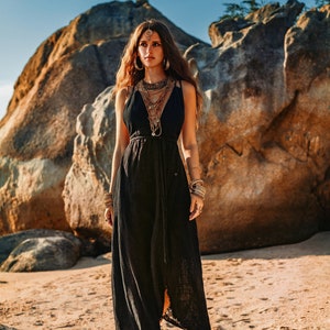 Black Goddess Dress • Sexy Wedding Dress • Bohemian Tropical Wedding Dress • Deep V Simple Dress • Boho Open Back Dress • Organic Maxi Dress