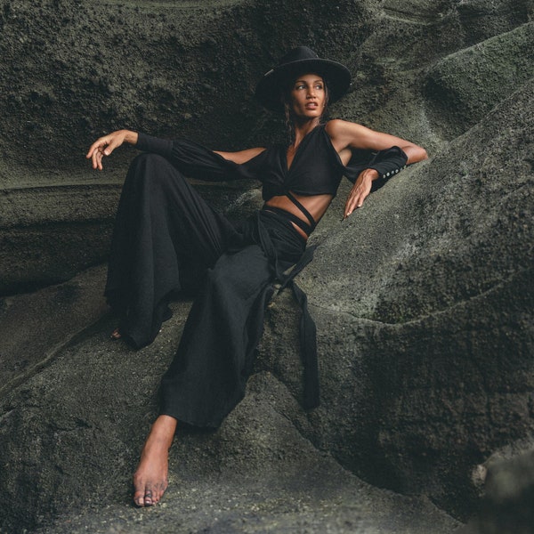 Handmade Crop Top and Pants Set Bohemian Boho Wrap Top Wide Leg Trousers