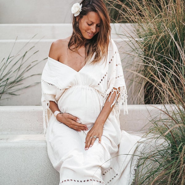 Boho Goddess Wedding Dress • White Ceremonial Dress • Bridesmaid Maxi Dress • Tribal Maternity Tunic • Adjustable Spacious Kaftan Dress Gown