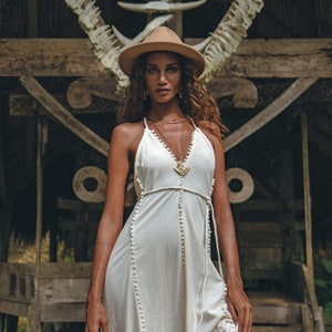 Off White Beach Dress • Bohemian Tassels Wedding Dress • Simple Bridal Dress • Simple Greek Goddess Dress • Organic Cocktail Evening Dress