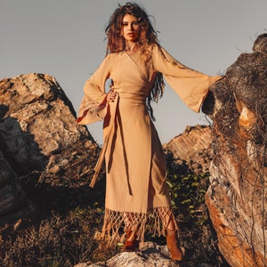 Ochre Boho Wrap Skirt • Bohemian kimono Skirt • Handmade Tribal Skirt • Beach Resort Tulum Skirt • Tribal Ceremonial Skirt •Adjustable Skirt