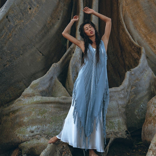 Sky blue See Through Dress • Hand Embroidered Mesh Slip Dress • Beach Mesh Robe • Sheer Hand Loomed Dress • Ocean Wave Boho Goddess Dress