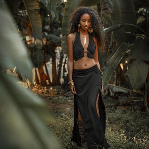 Black Boho Tribal Skirt • Embroidered Ceremonial Skirt • Bohemian Goddess Skirt • Adjustable Double Slit Skirt • Boho Cocktail Evening Skirt