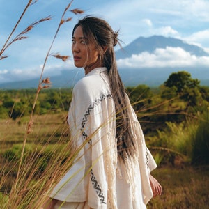 Off White Organic Ceremonial Robe • Bohemian Tribal Cover Up • Goddess Priestess • Cotton Fringed Ethnic Cape • Boho Hand Embroidered Cloak