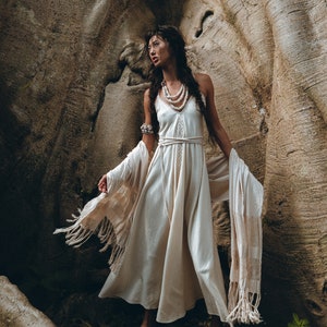 Bridal Goddess Dress • Grecian Wedding Dress • Off White Hand Embroidered Dress • Bohemian Priestess Adjustable Dress • Boho High Lit Dress
