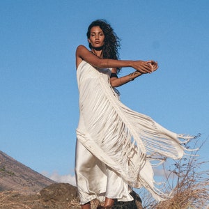 Abito da dea bianco sporco • Abito trasparente tribale • Abito trasparente • Abito boho estivo da spiaggia • Caftano tessuto a mano zingaro • Abito copricostume da bikini