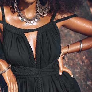 Black Braided Multi Goddess Dress • Boho Summer Maxi Natural Handmade Dress • Bohemian Black Bridesmaid Dress with Braided Details •