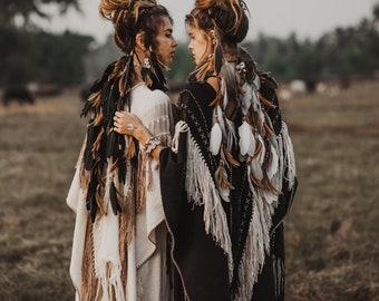 Off White Tribal Poncho • Ceremonial Shaman Cape • Bohemian Handmade Tassels Robe • Boho Gypsy Bridal Coat • Priestess Shawl Wrap Cover Up