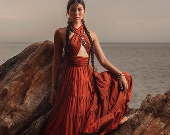 Rotes Neckholder Maxi Kleid • Boho Festival Göttinen Kleid • Hochzeitsgast & Brautjungfer Outfit • Ärmelloses rückenfreies Baumwollkleid • Herbstmode