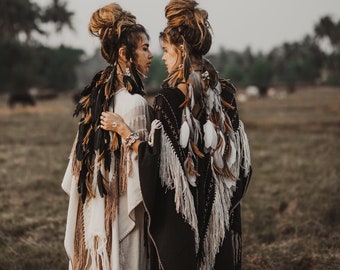 Black Boho Poncho • Bohemian Hippie Festival Cape • Hand Stitched Tassels Shawl • Exotic Ethnic Tunic • Tropical Cover Up • Maternity Robe