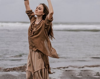 Loose Boho Blouse • Tribal Boho Clothing • Beach Summer Baggy Top • Brown Asymmetrical Top • Light Cotton Boho Tunic • Boho Tops for Women