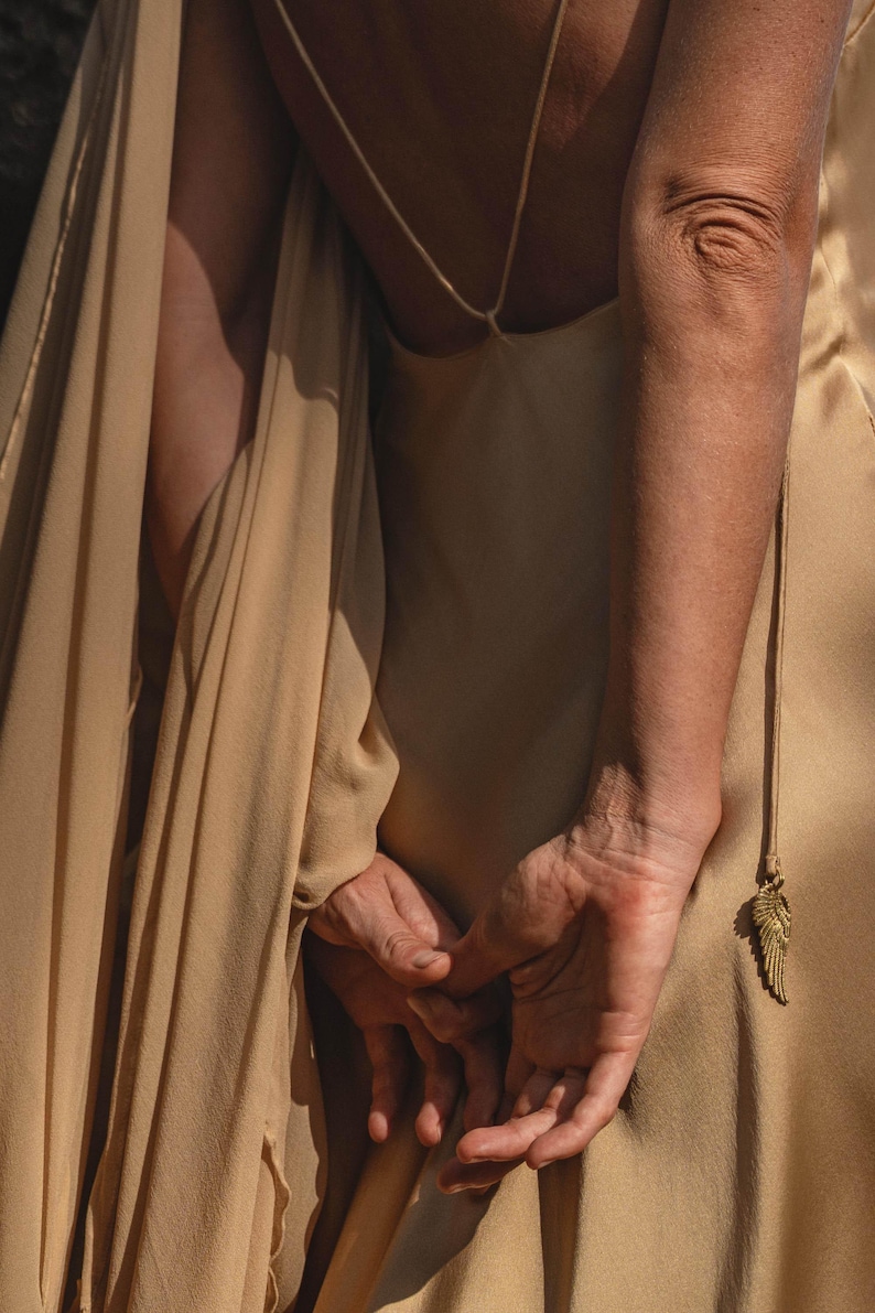 Gold Silk Maxi Dress • Deep V-Neck Long Dress • Backless Bridesmaid & Evening Gown image 8