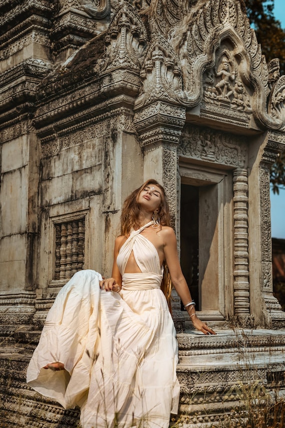 Multiway Goddess Dress  off White Bohemian Halter  Cold Shoulder Maxi   Sexy Prom Open Back - Etsy
