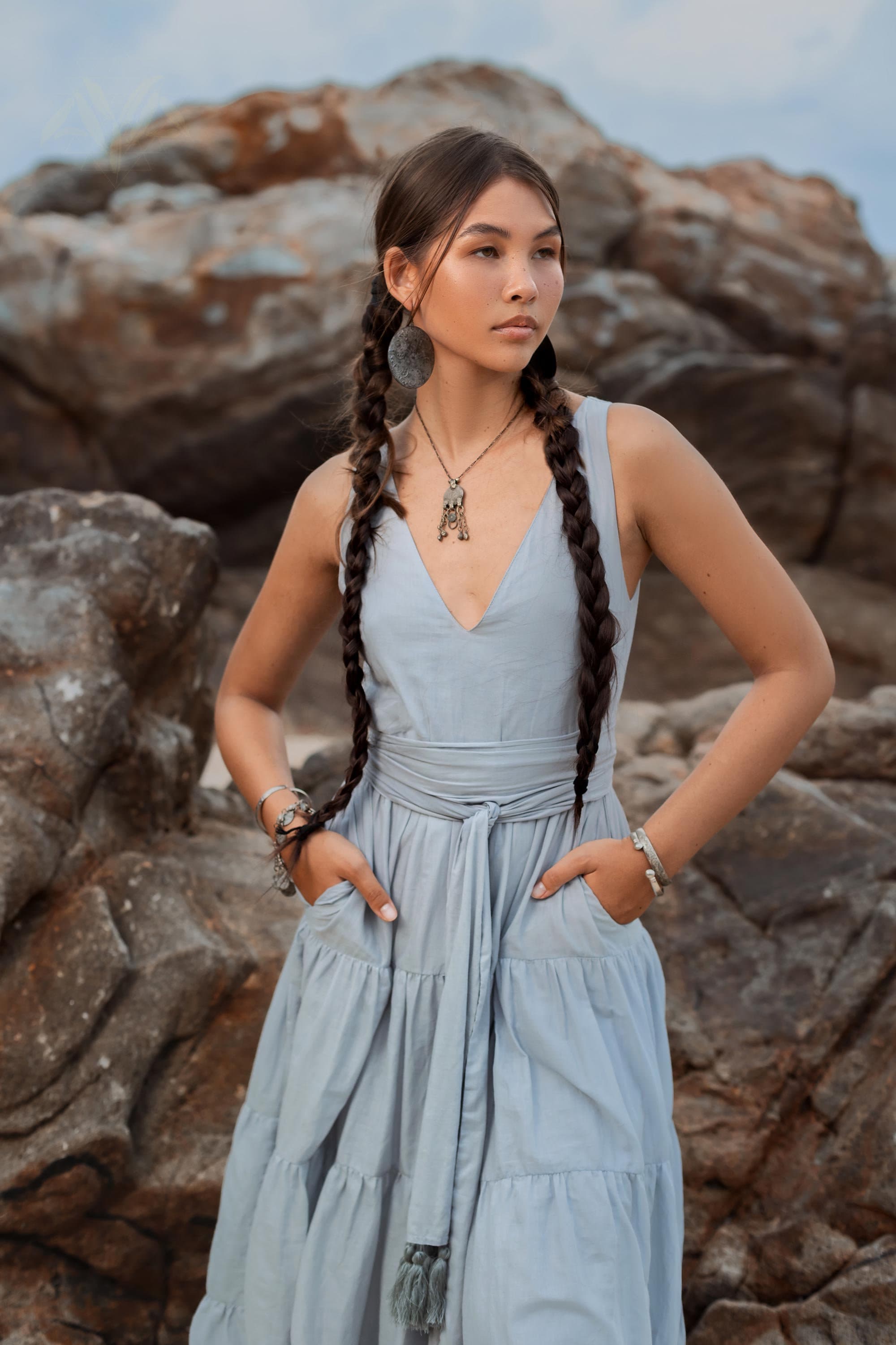 Dusty Blue Dress * Boho Vintage Bridesmaid * Ethereal Maxi * Open Back Sleeveless Plus Size