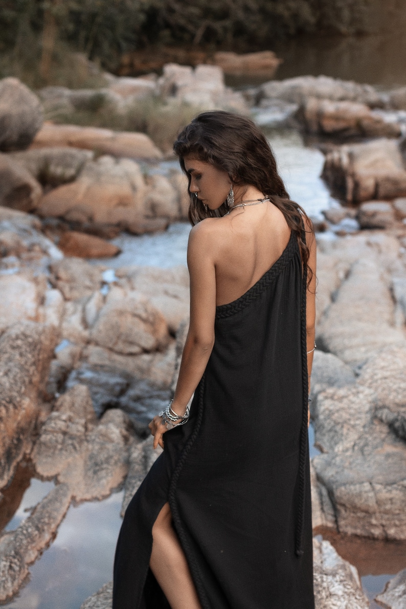 Organic Bohemian Noir Chic – Black Aurora Greek Goddess Dress