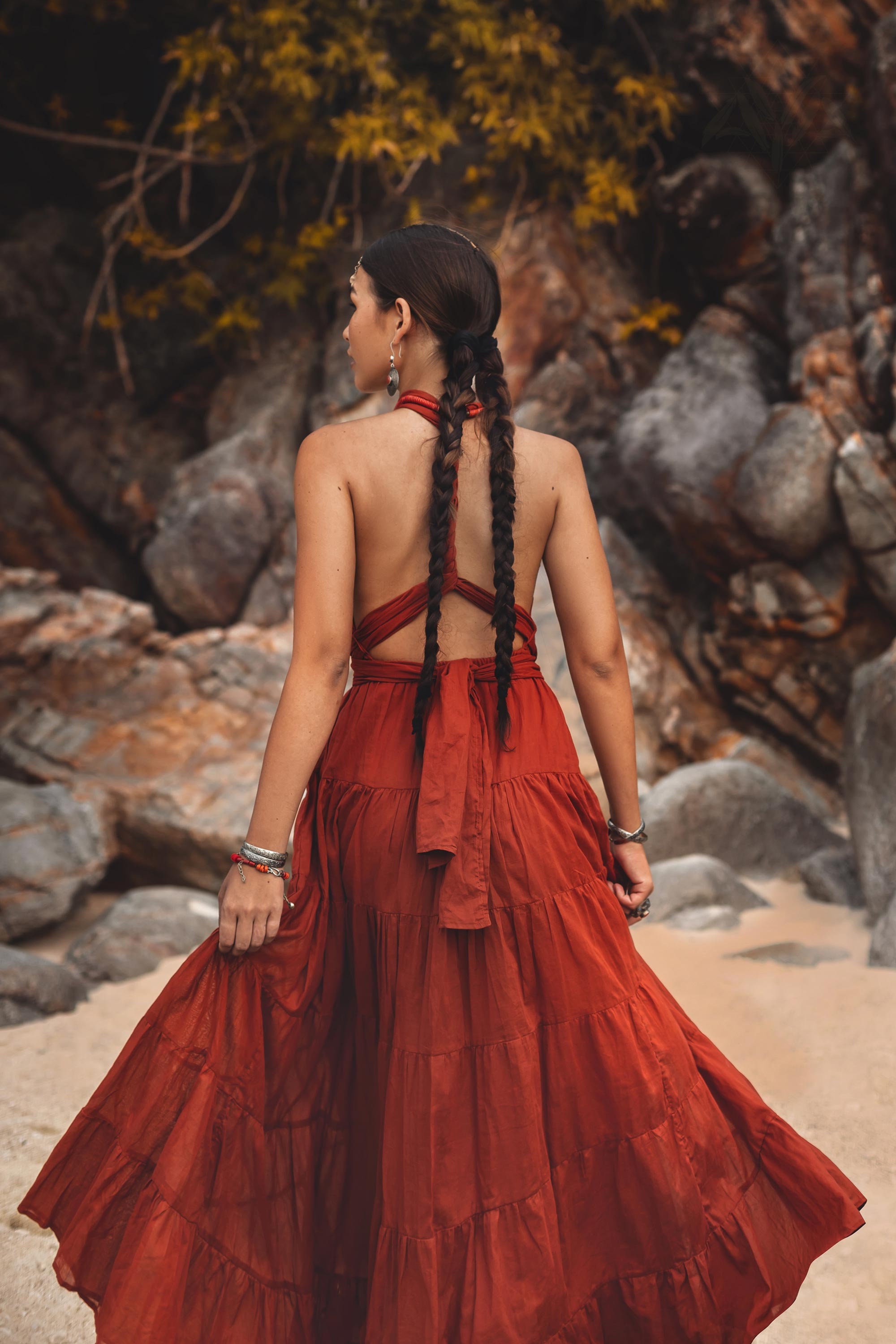 Red Halter Maxi Dress Boho Festival Goddess Gown Wedding Bridesmaid Outfit Sleeveless Backless Cotton