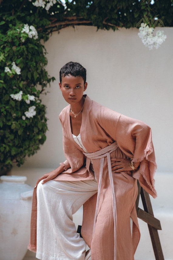 Dusty Pink Linen Kimono Boho Wide Sleeve Overcoat Natural Frayed 