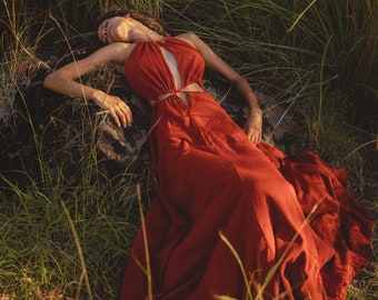 New! Red Rose Goddess Dress • Boho Bridesmaid Dress • Fairy Tale Maxi Dress • Open Back Adjustable Laces Dress • Open Waistline Dress Women