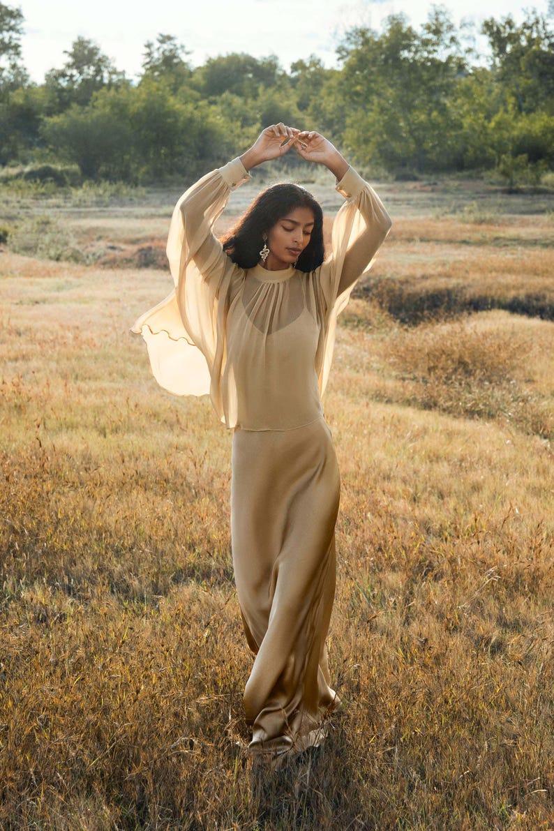 Gold Silk Maxi Dress • Deep V-Neck Long Dress • Backless Bridesmaid & Evening Gown image 9