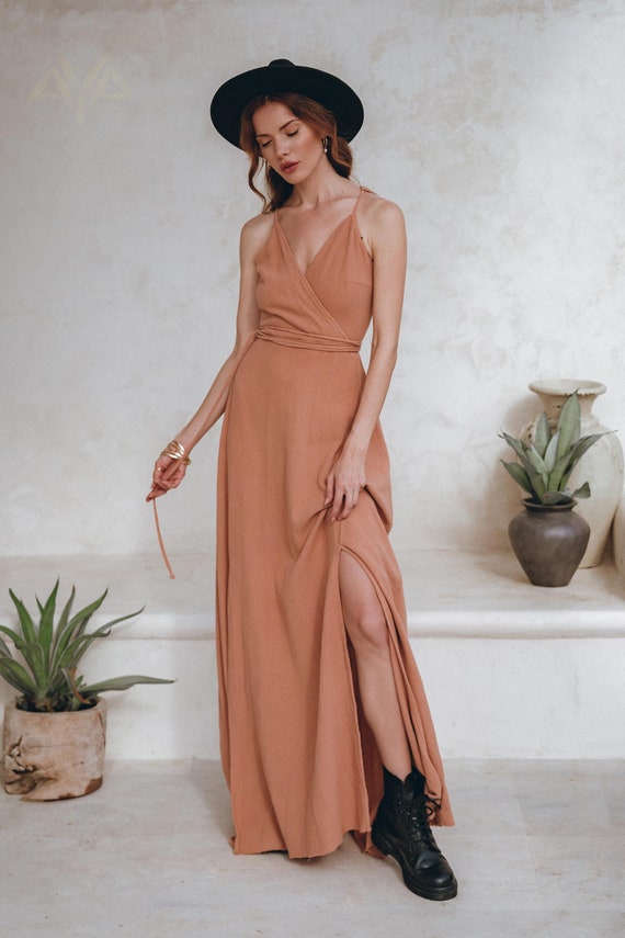 Dusty Pink Bridal Casual Wedding Dress Bohemian Natural Beach Wedding Dress Adjustable Laces Dress Organic Boho Cotton Elegant Dress