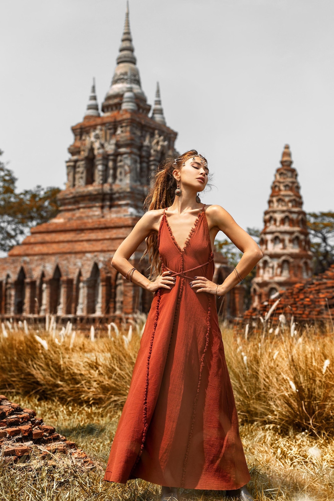 red boho bridesmaid dresses Dress • Casual Cocktail Wedding Guest • Handmade Goddess V Neck Braids vintage bohemian boho wedding guest dress