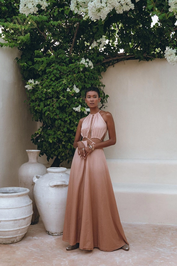 sachin and babi light blue dress Dusty Pink Satin Maxi Dress with Cap Sleeves and Leg Slit main image 1