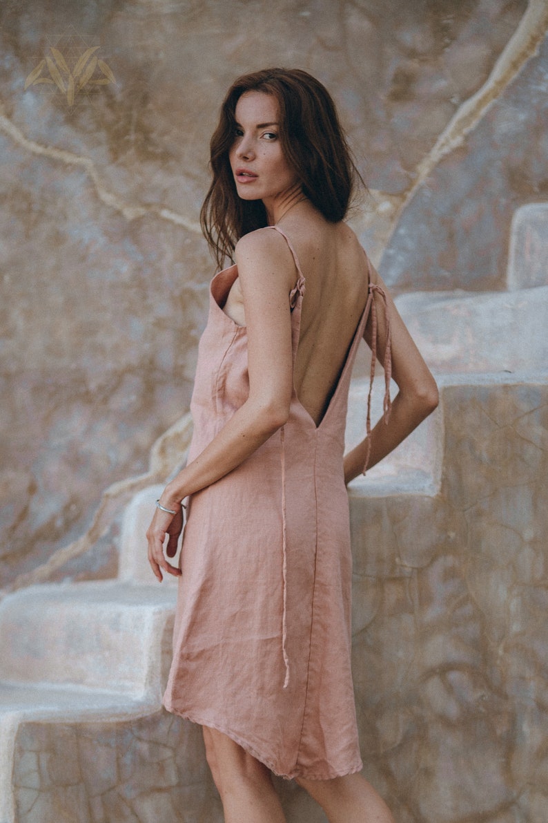 Pink Linen Mini Dress \u2022 Bohemian Slip Mini Dress \u2022 Organic Linen High Low Dress \u2022 Linen Open Back Mini Dress \u2022 Pink Low Back Slip Dress Mini