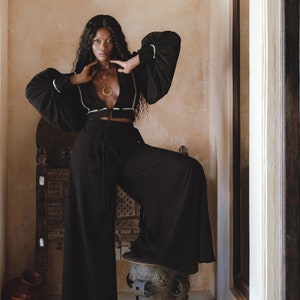 Black Linen Adjustable Pants • Organic Wide Leg Open Side Trousers • Prom Summer Pants Women • Bohemian Adjustable Trousers