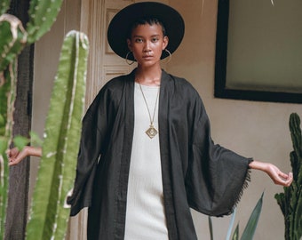 Black Minimalist Linen Wrap Kimono • Natural Lightweight Relaxed Fit Robe • Boho Longline